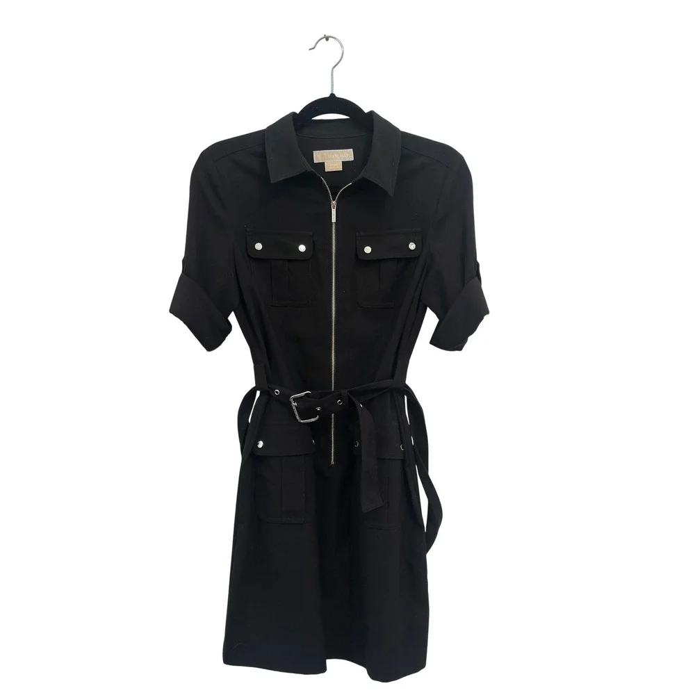 Michael Kors Utility Shirt Dress Black Stretch Twill Belted Zip Front PM